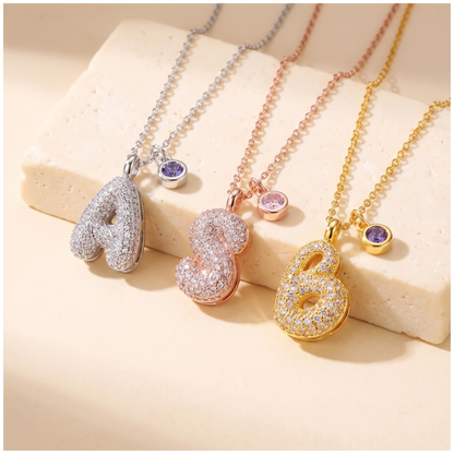 3D Bubble Pave Initial Necklace with Birthstone