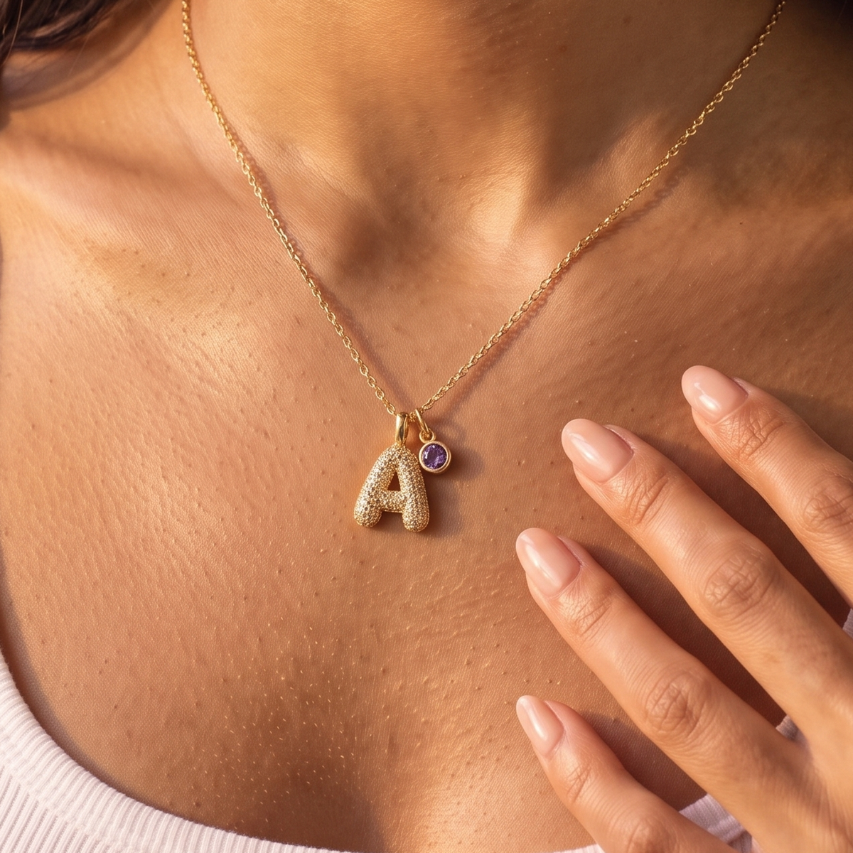 3D Bubble Pave Initial Necklace with Birthstone