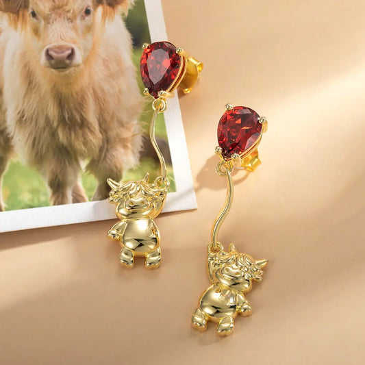 Highland Cow Stud Earrings with Balloon Birthstone