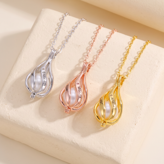 Custom Name & Birthstone Pearl Cage Necklace