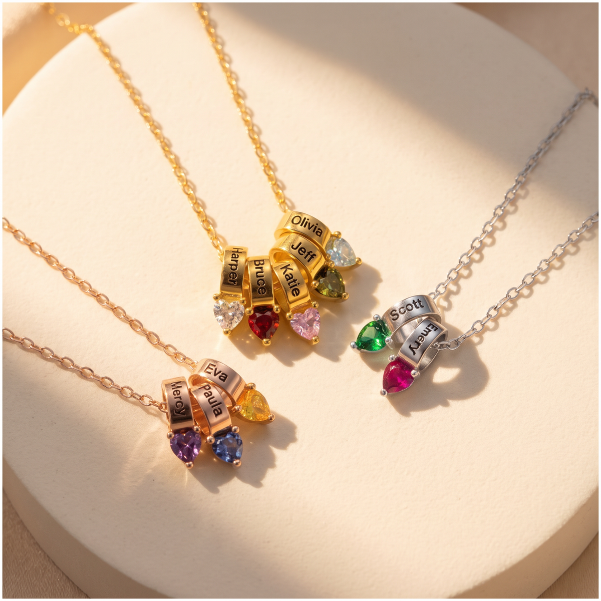 Personalized Mothers Necklace with Kids Names and Heart Birthstones
