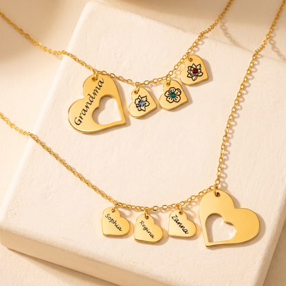 Birth Flower Heart Necklace with Birthstones & Names