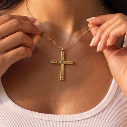 Heart Birthstone Family Cross Necklace with Names