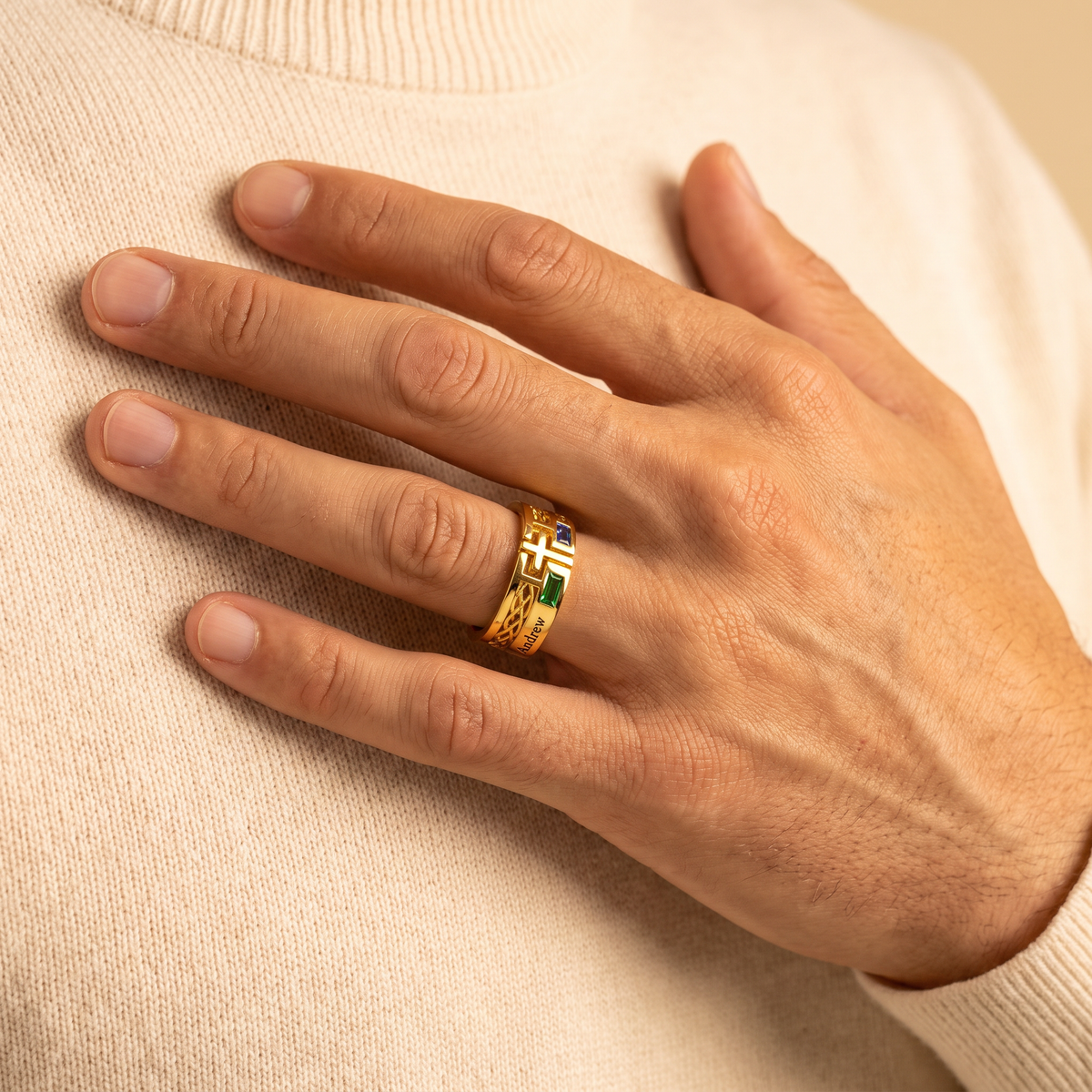Engraved Cross Ring with Baguette Birthstones