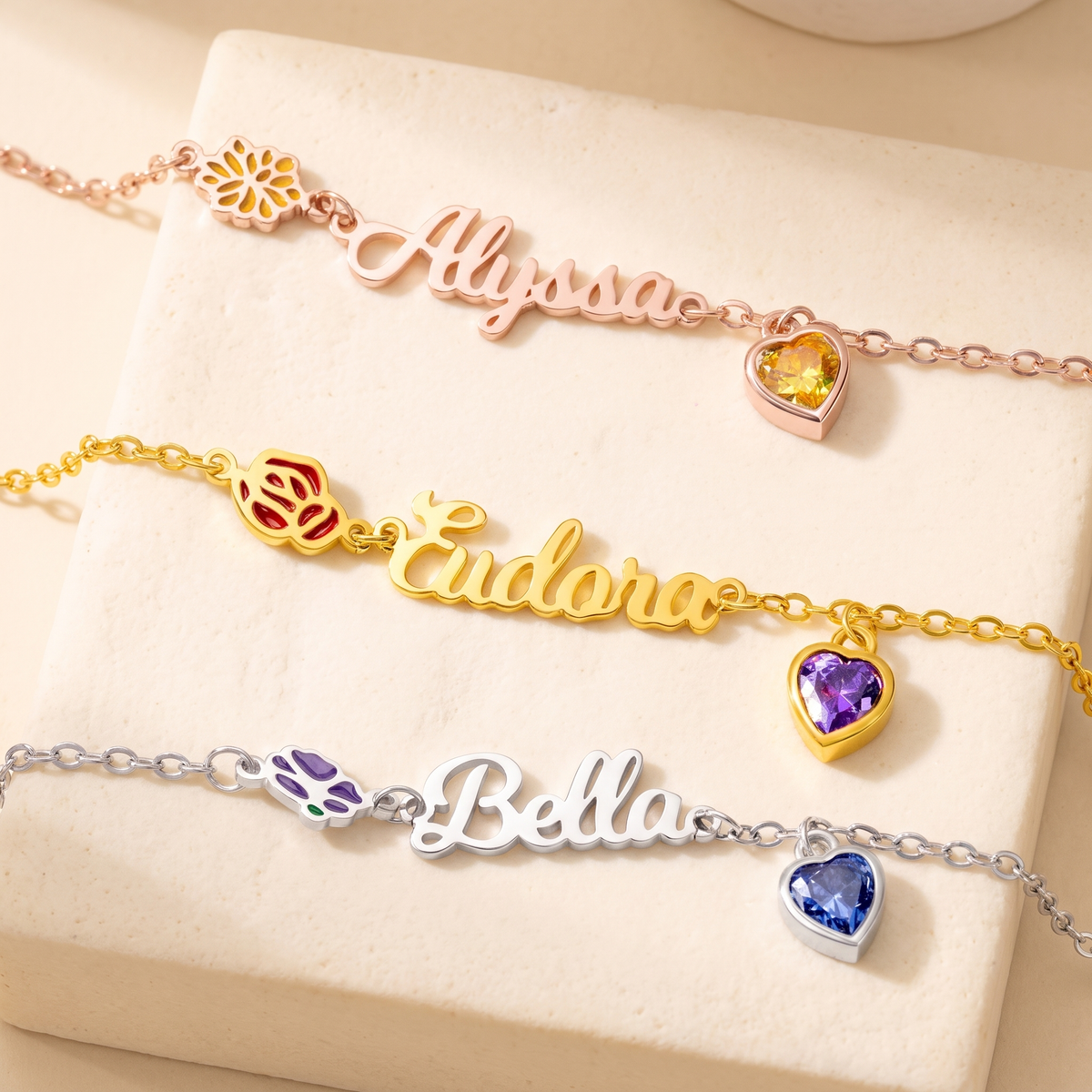 Birth Flower Bracelet with Heart Birthstone & Initial