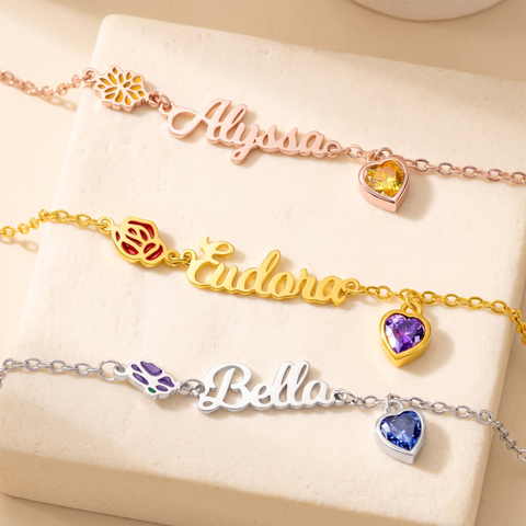 Birth Flower Bracelet with Heart Birthstone & Initial
