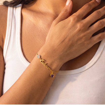 Birth Flower Bracelet with Heart Birthstone & Initial