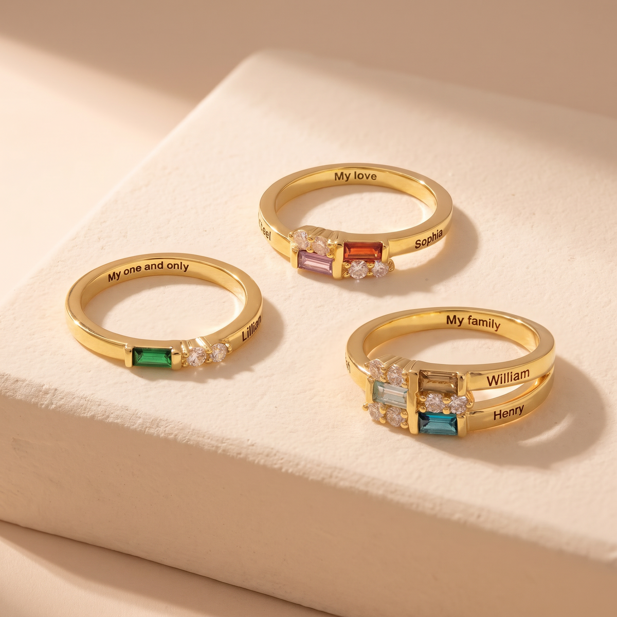 Family Names Ring with Baguette Birthstones