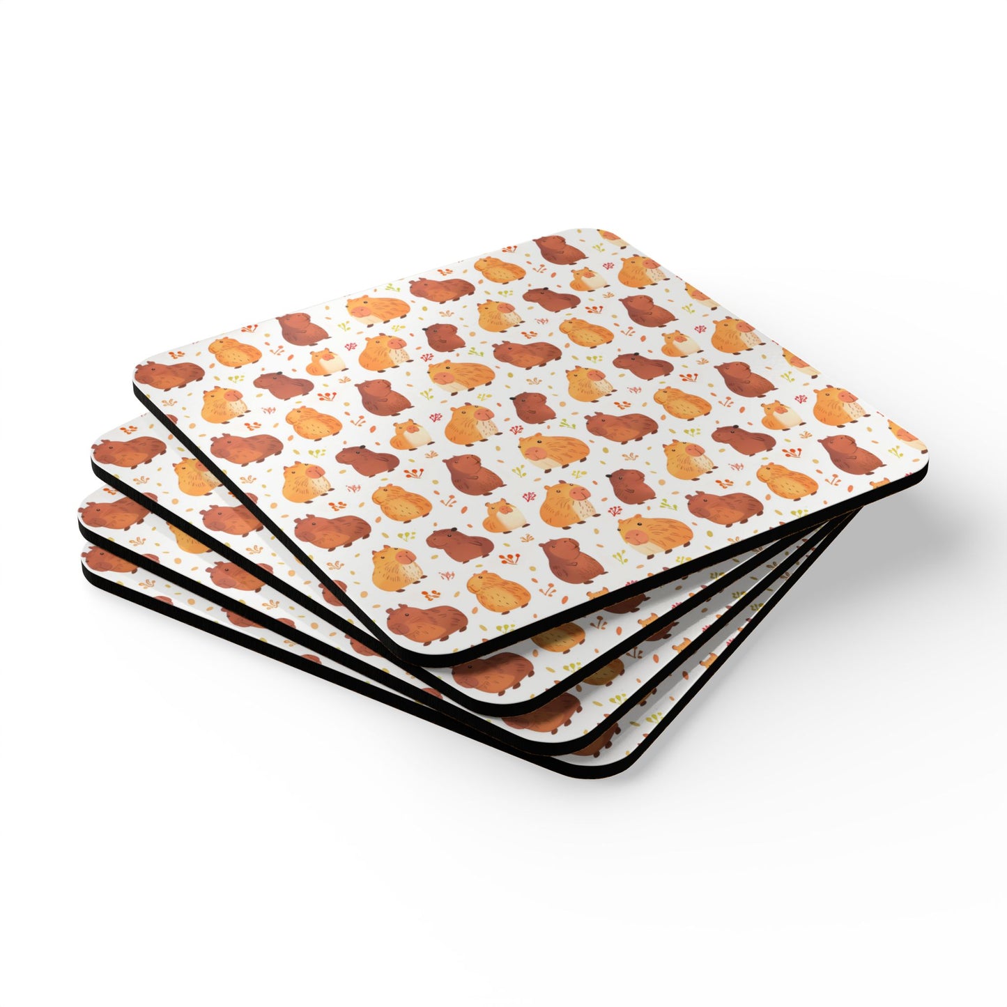 Capybaras Chibi Style Print Corkwood 4 Coasters Set