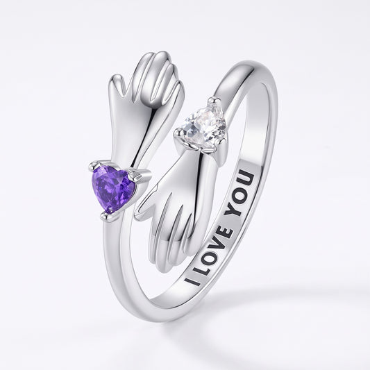 personalized hug ring with heart birthstones