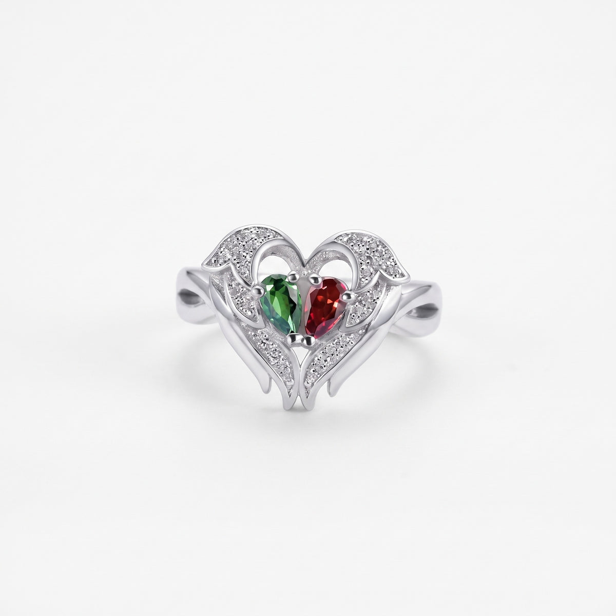 custom angel wings ring with two birthstones