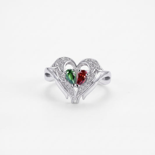 custom angel wings ring with two birthstones