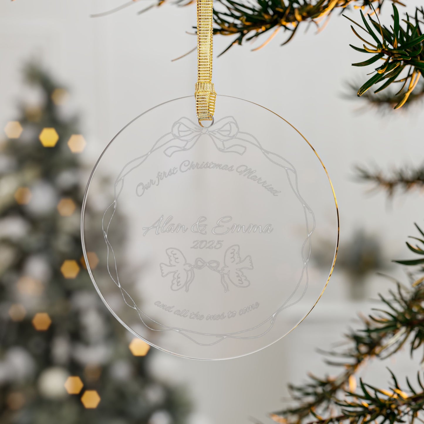 'First Christmas Married' Personalized Clear Acrylic Holiday Tree Ornaments