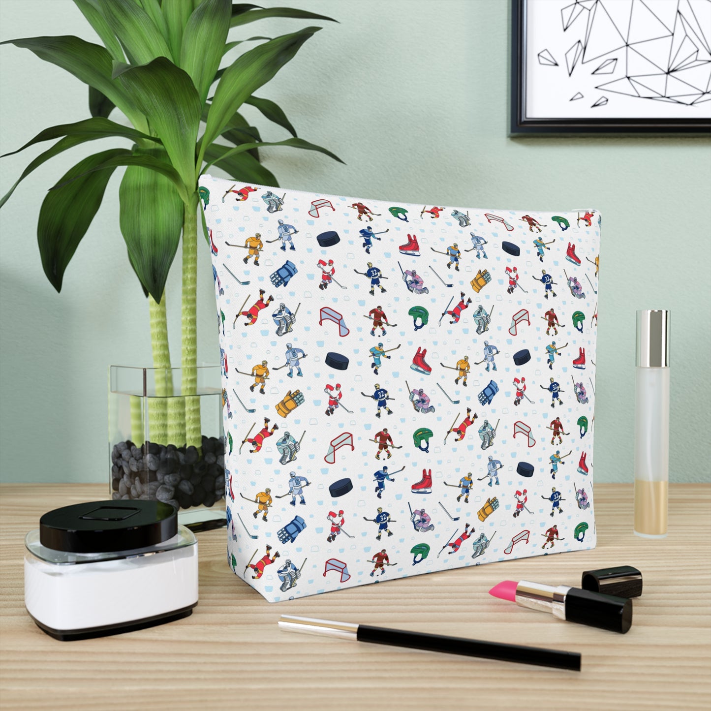 Ice Hockey Print Cotton Cosmetic Bag/Makeup Organizer/Travel Pouch