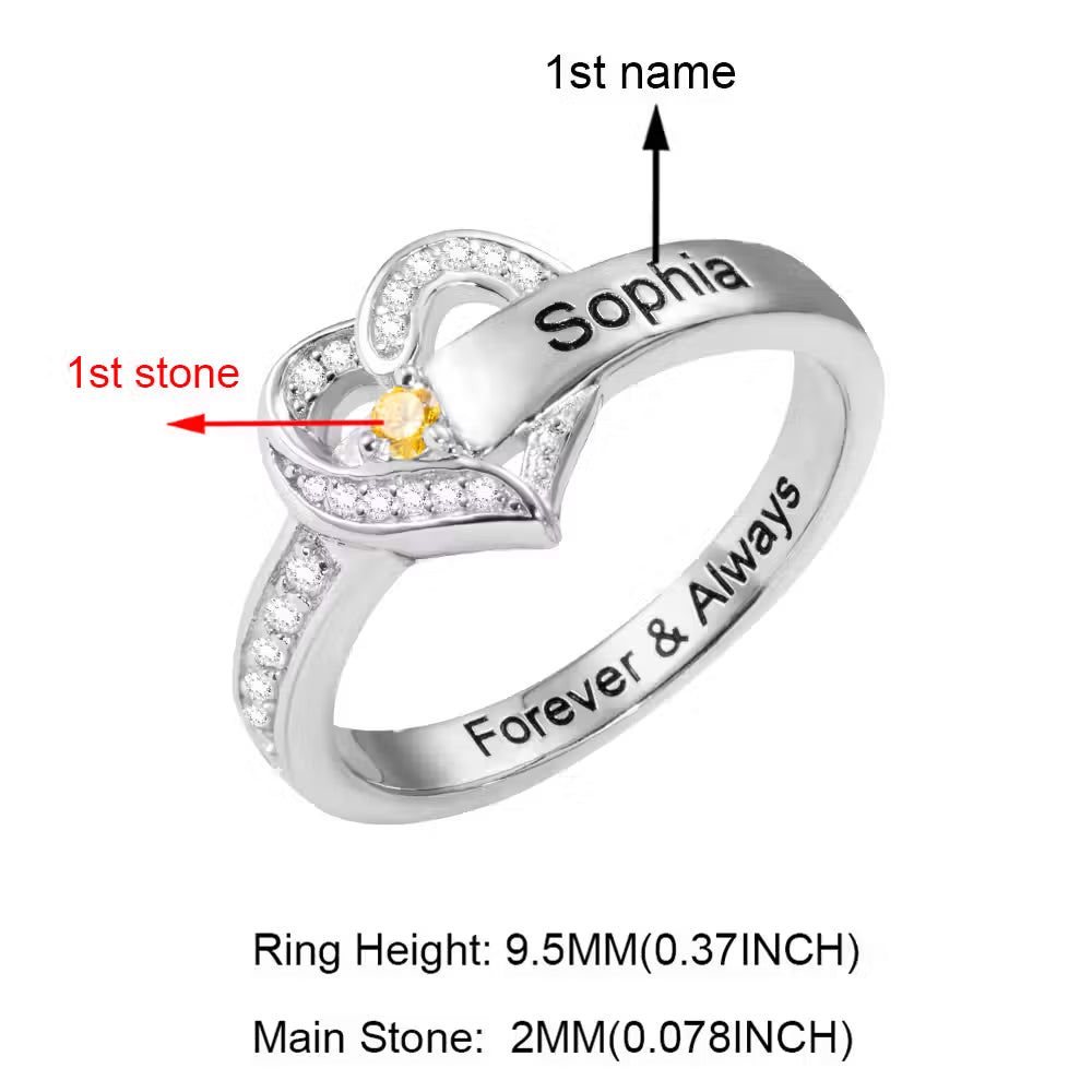 Custom Family Names Heart Ring with 1-8 Birthstones