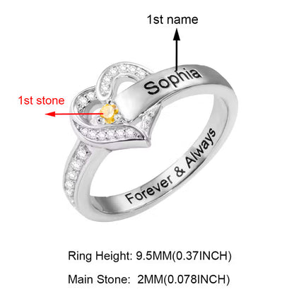 Custom Family Names Heart Ring with 1-8 Birthstones