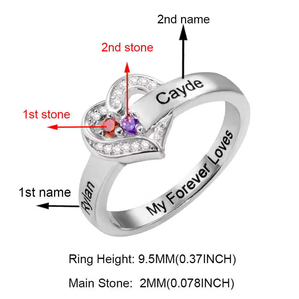 Custom Family Names Heart Ring with 1-8 Birthstones