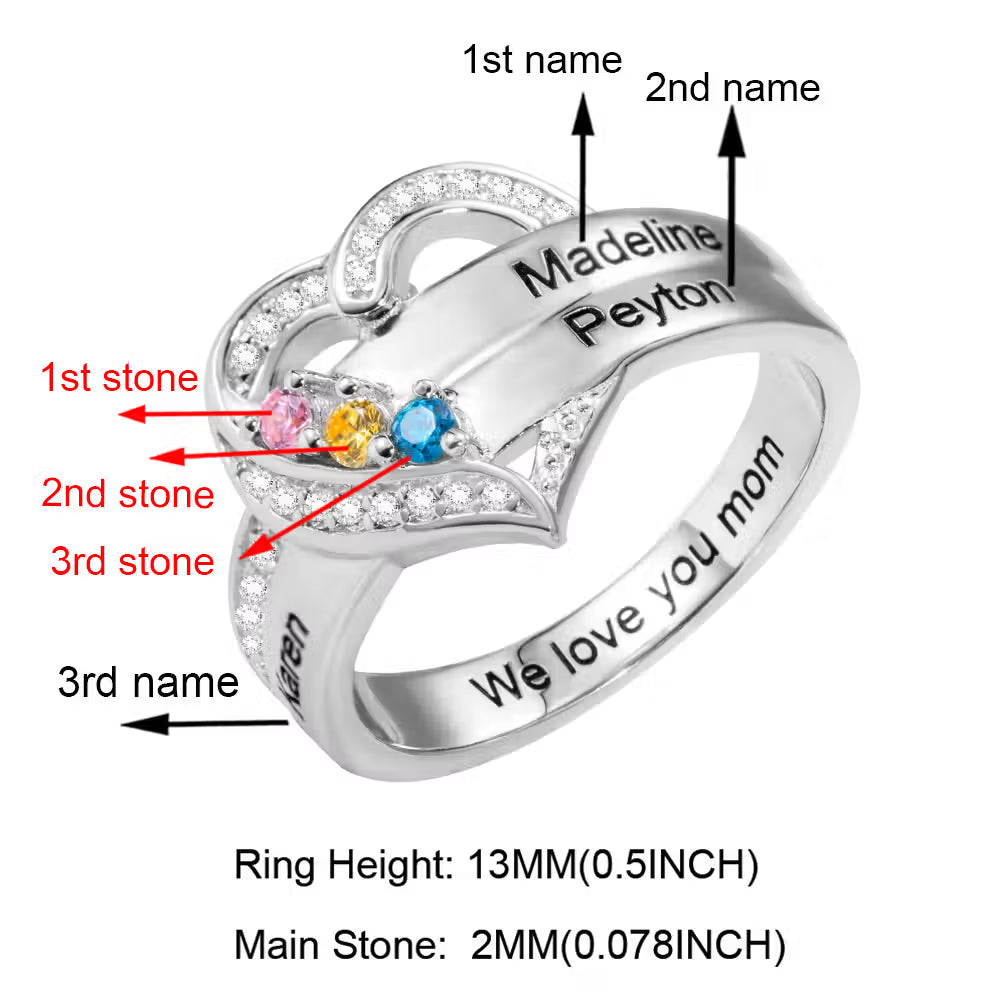 Custom Family Names Heart Ring with 1-8 Birthstones