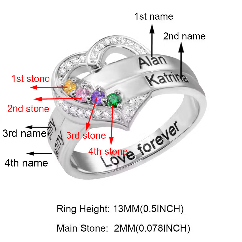 Custom Family Names Heart Ring with 1-8 Birthstones
