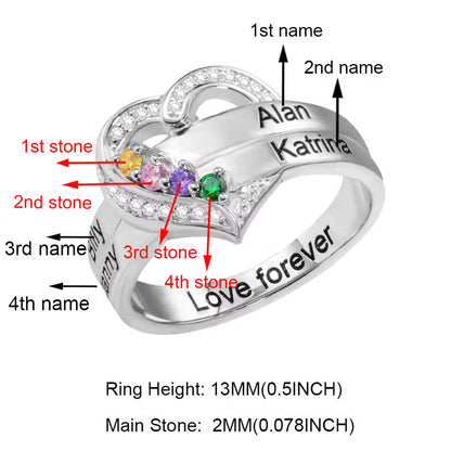 Custom Family Names Heart Ring with 1-8 Birthstones