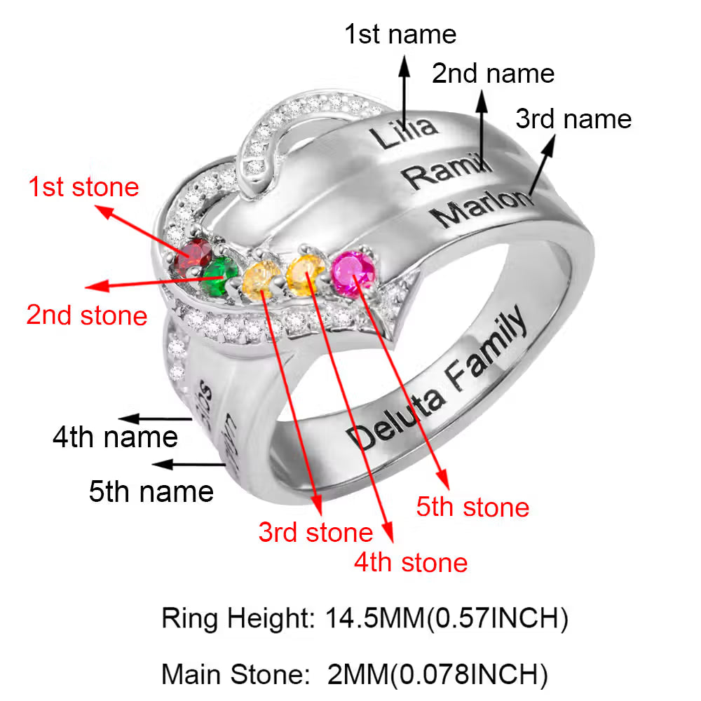Custom Family Names Heart Ring with 1-8 Birthstones