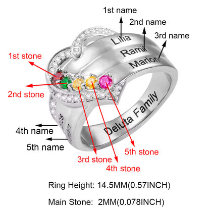 Custom Family Names Heart Ring with 1-8 Birthstones