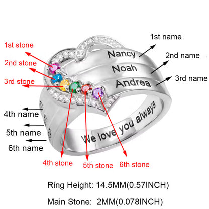 Custom Family Names Heart Ring with 1-8 Birthstones