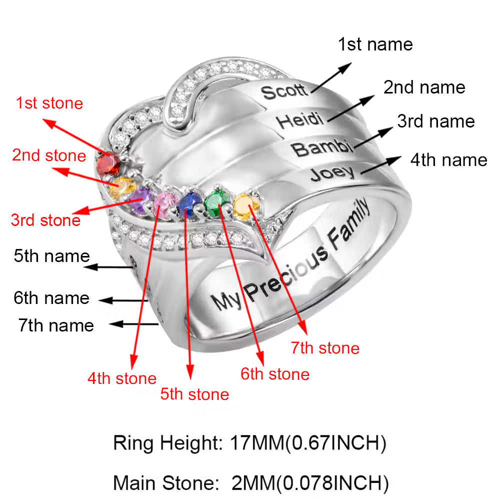 Custom Family Names Heart Ring with 1-8 Birthstones