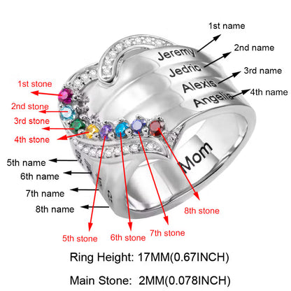 Custom Family Names Heart Ring with 1-8 Birthstones