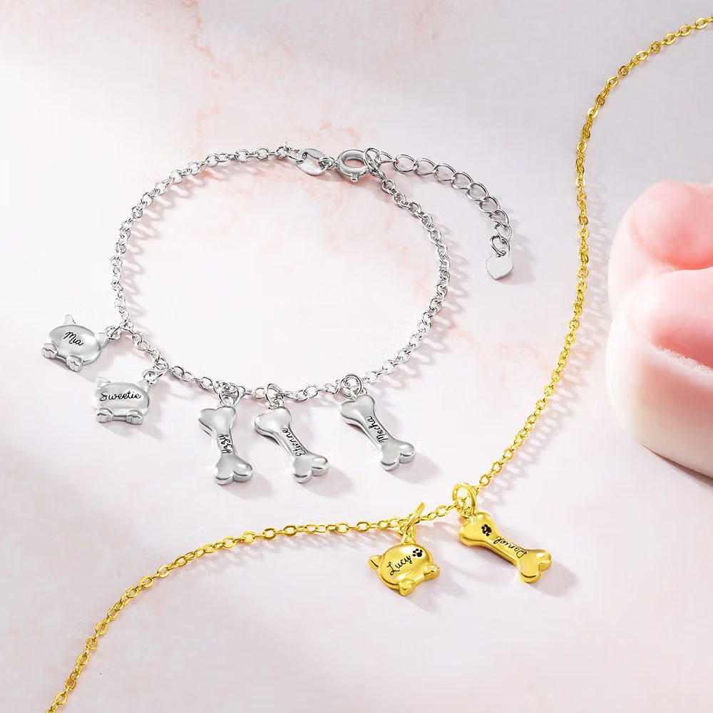 Personalisierte Halskette mit Namensanhänger für Haustiere, Halskette aus Sterlingsilber mit Hundeknochen- und Katzenkopfanhängern und Pfotenabdruck, Schmuck für Hunde-/Katzenmütter oder Tierliebhaber