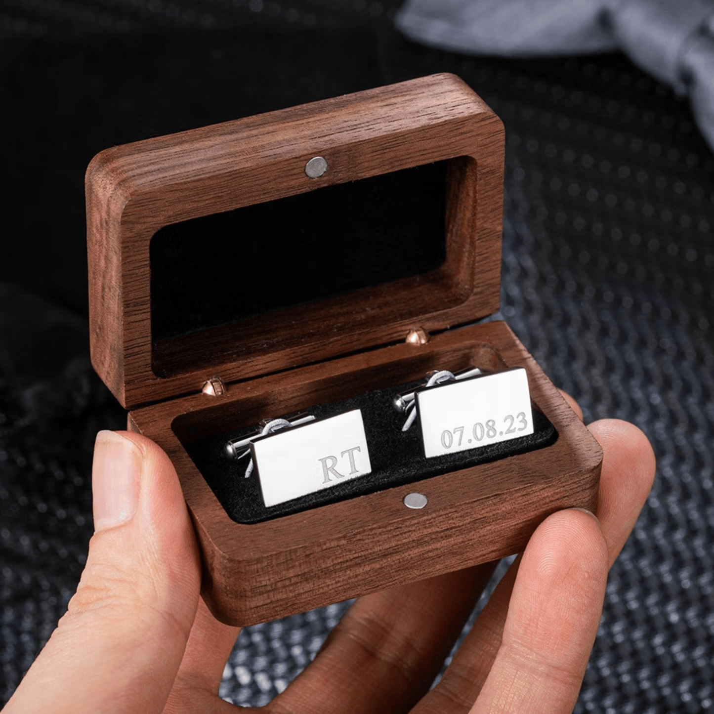 Personalized Rectangle Cufflinks with Wooden Box
