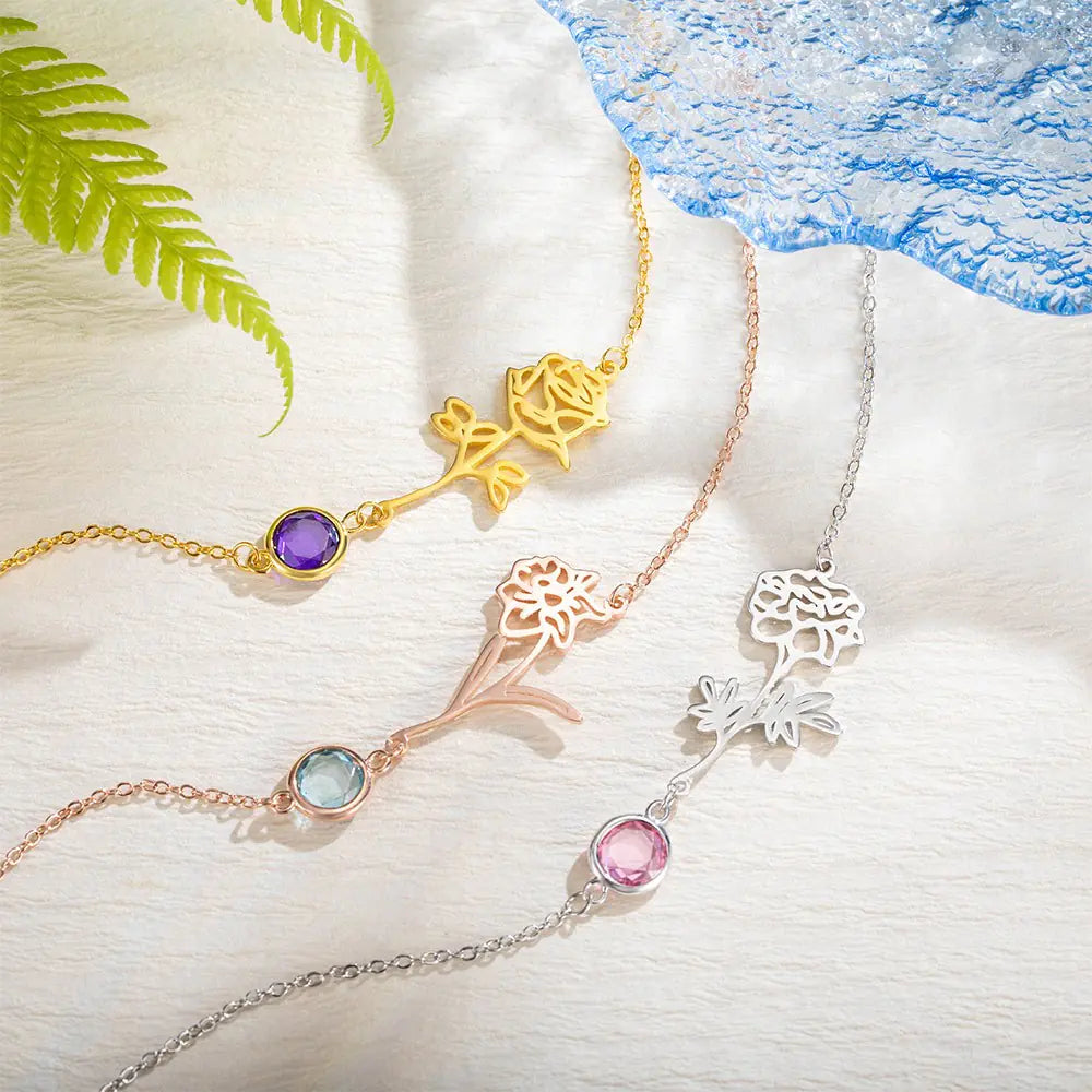 Personalized Birth Flower Anklet with Birthstone