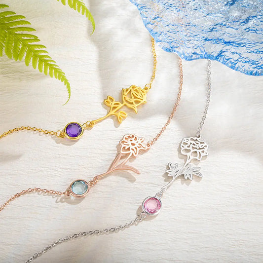Personalized Birth Flower Anklet with Birthstone