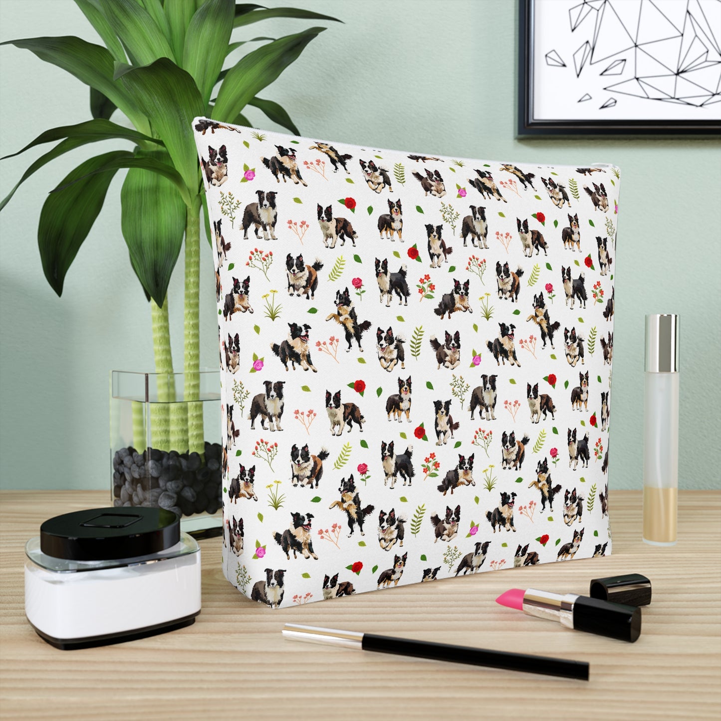 Border Collie Print Cotton Cosmetic Bag/Makeup Travel Pouch
