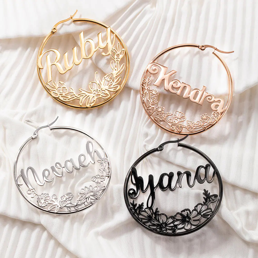 Custom Birthflower Hoop Earrings with Name