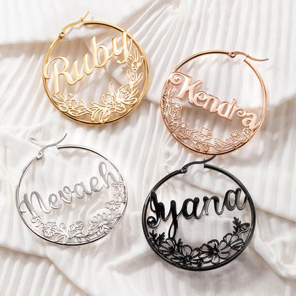 Custom Birthflower Hoop Earrings with Name