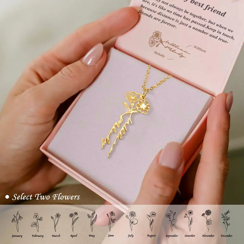 Personalized 2 Birth Flowers Names Necklace