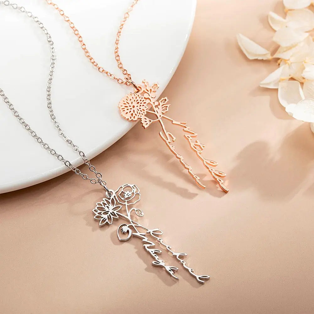 Personalized 2 Birth Flowers Names Necklace