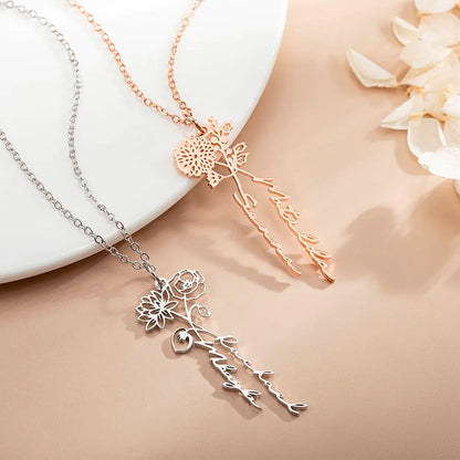 Personalized 2 Birth Flowers Names Necklace