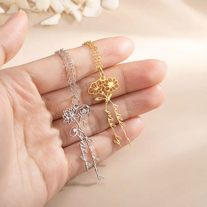 Personalized 2 Birth Flowers Names Necklace