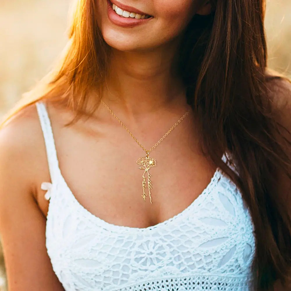 Personalized 2 Birth Flowers Names Necklace