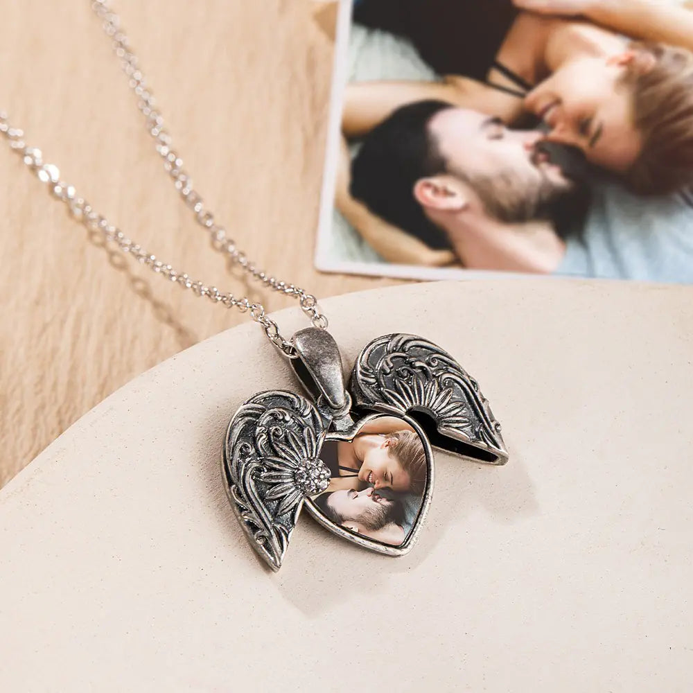 Custom Vintage Photo Locket Necklace with Heart Wings
