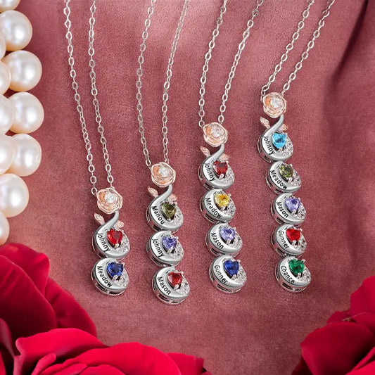 Custom Birthstone Necklace with Name & 3D Rose Pendant