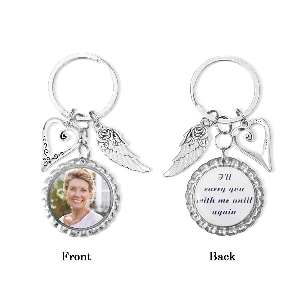 Personalized Photo Keychain with Angel Wings & Heart Charm