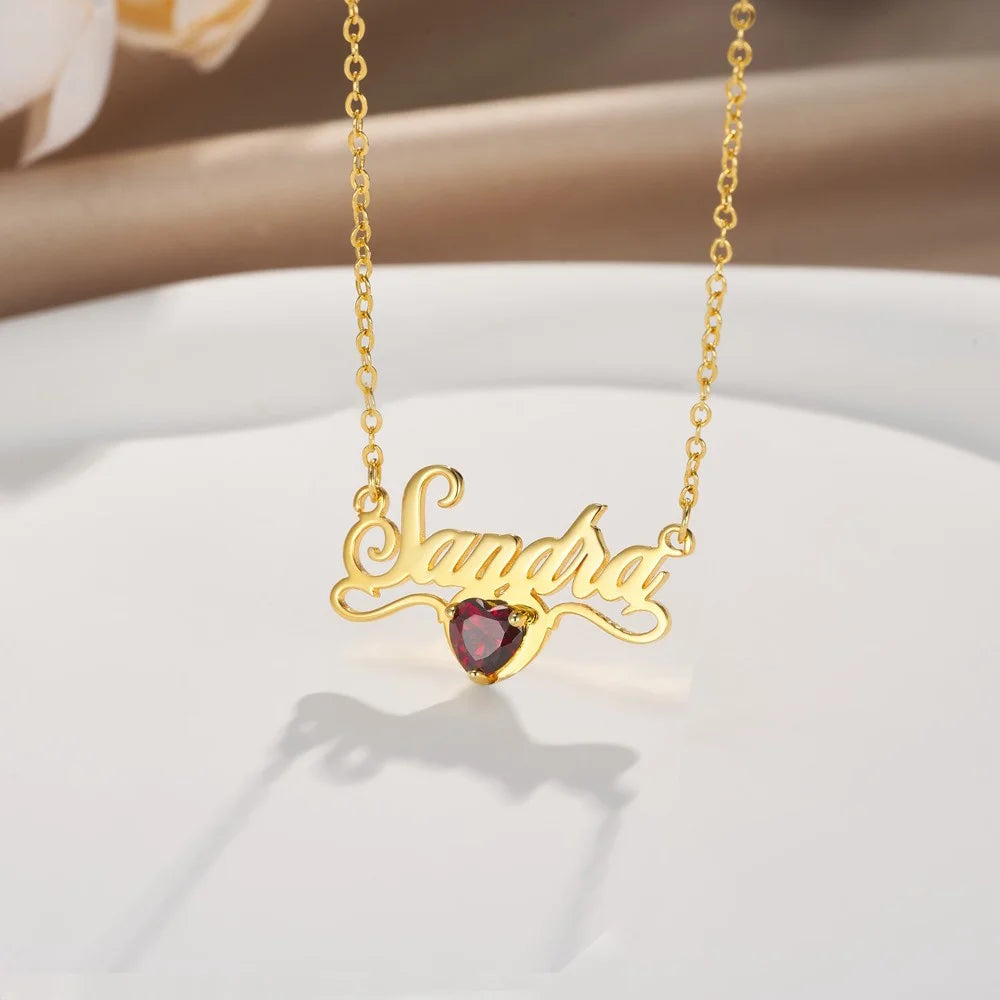 Custom Name Necklace with Heart Birthstone