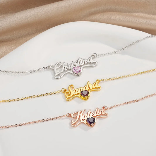 Custom Name Necklace with Heart Birthstone