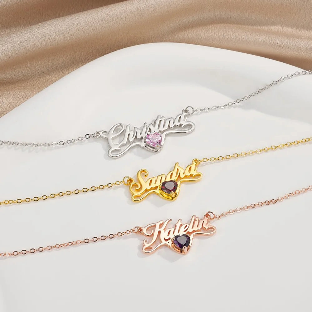 Personalized Name Necklace with Heart Birthstone