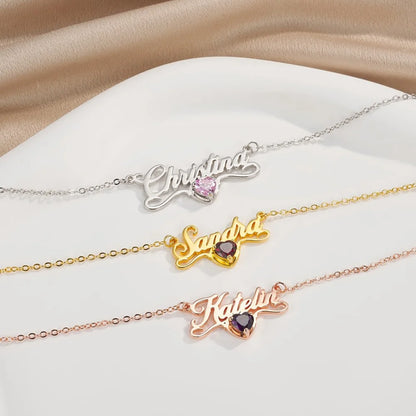 Personalized Name Necklace with Heart Birthstone
