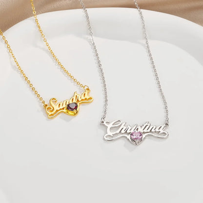 Custom Name Necklace with Heart Birthstone
