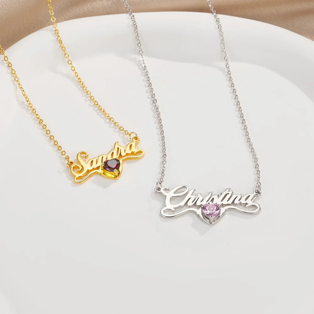 Personalized Name Necklace with Heart Birthstone